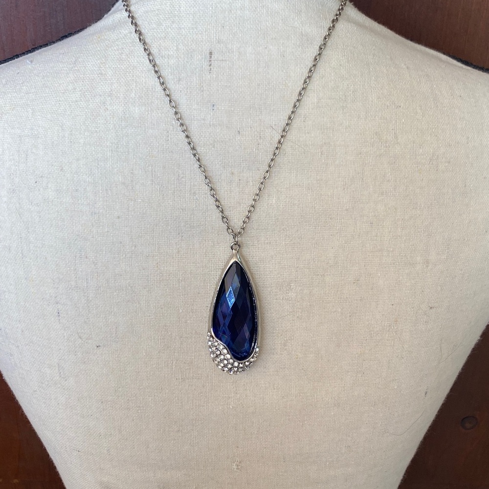 Silver Necklace with Deep Blue Teardrop Pendant